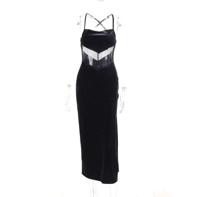 Vera - Samt Spitzen Rückenfreies Maxi Slip Kleid