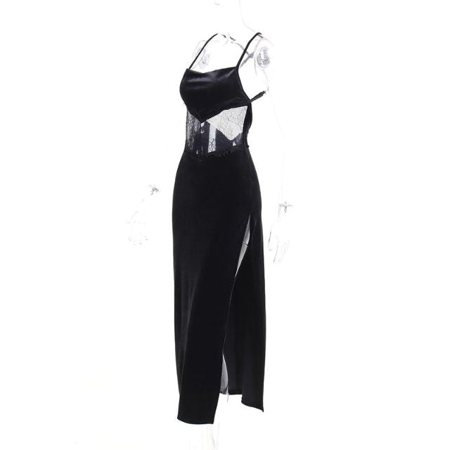 Vera - Samt Spitzen Rückenfreies Maxi Slip Kleid