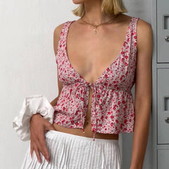 Luna - Blumen-Crop-Top mit Tiefem V-Ausschnitt und Knotenverschluss