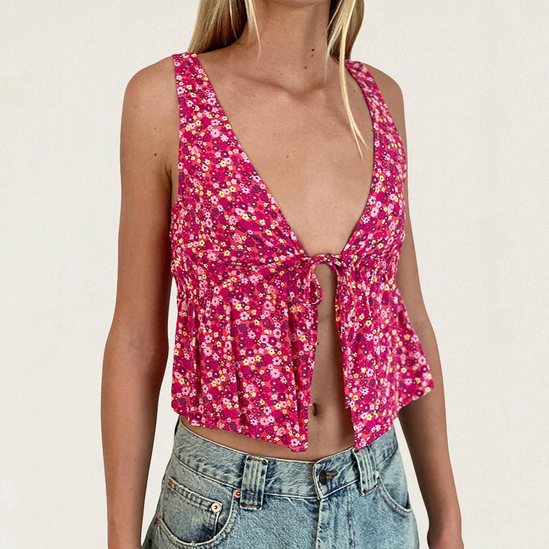 Luna - Blumen-Crop-Top mit Tiefem V-Ausschnitt und Knotenverschluss