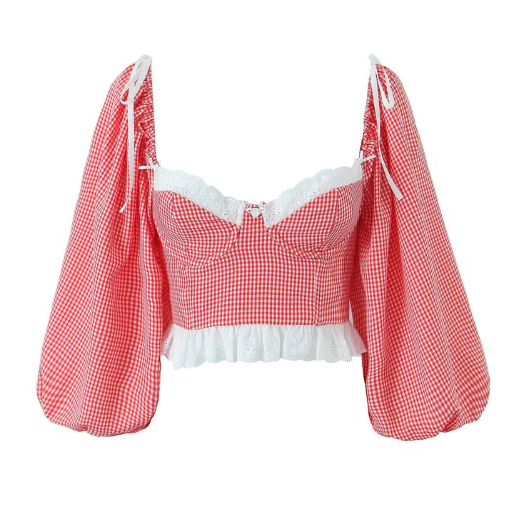 Isabelle - Gingham-Bauchfreies Top mit Spitzensaum