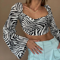 Alena - Langarm-Crop-Top mit Zebra-Print