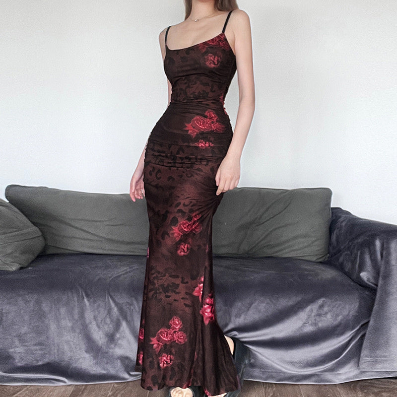 Nina - Bodycon Maxi Kleid mit Blumendruck und gerafftem Netz