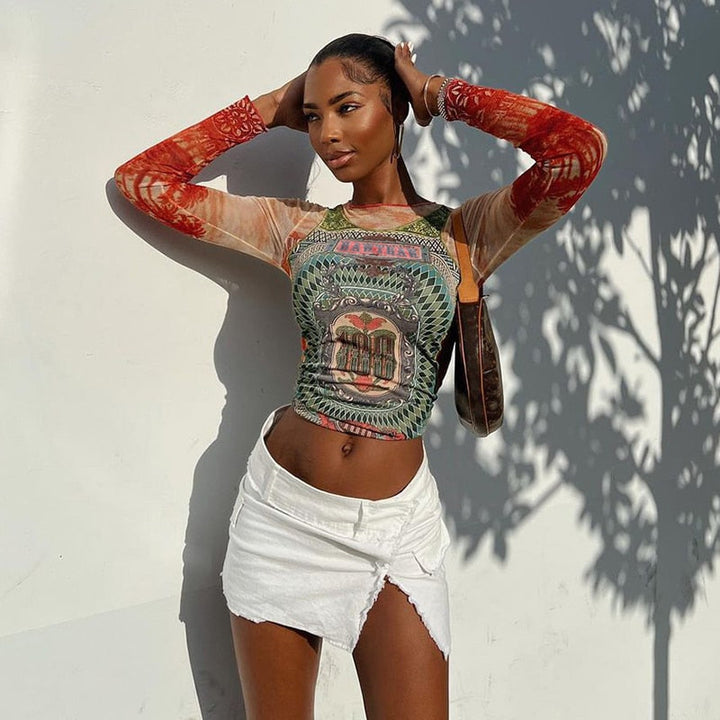 Ivy - Langärmliges Mesh-Top mit Tattoo-Print