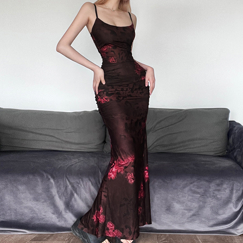 Nina - Bodycon Maxi Kleid mit Blumendruck und gerafftem Netz