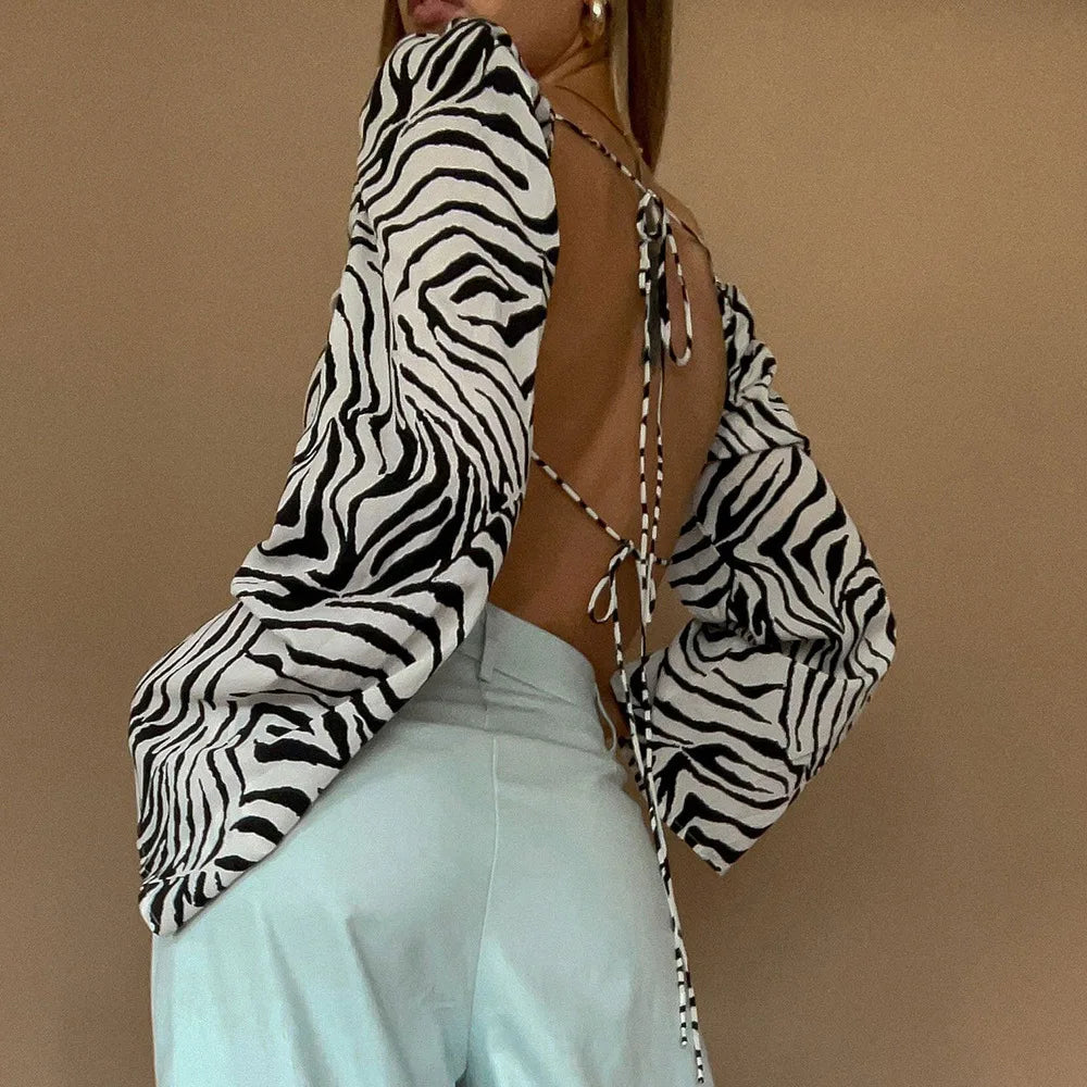 Alena - Langarm-Crop-Top mit Zebra-Print