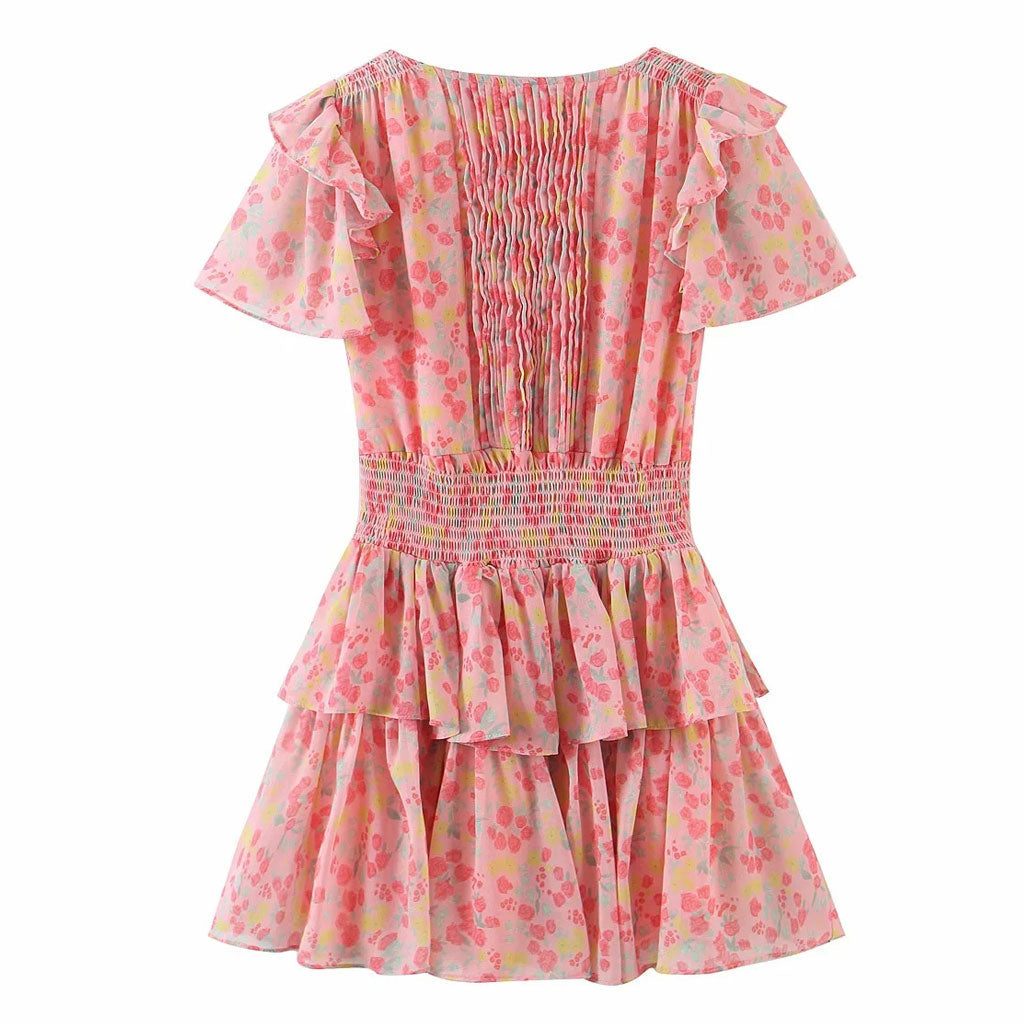 Daisy - Mini Kleid mit Blumendruck und gestuften Rüschen